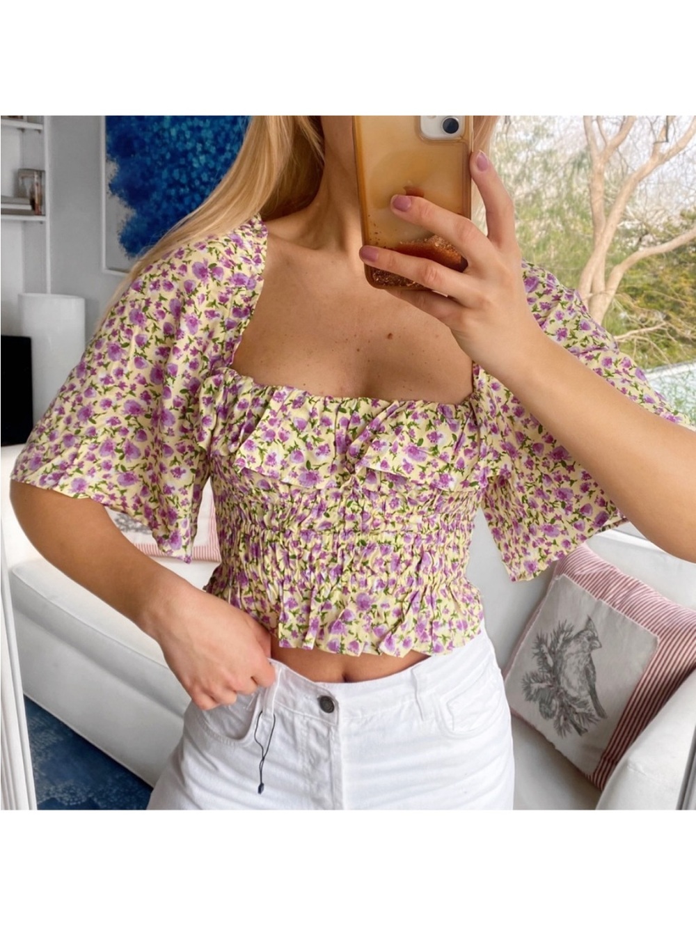 Zara Floral Ruffle Butterfly Sleeve Cropped Top Sz Medium Yellow Purple Boho